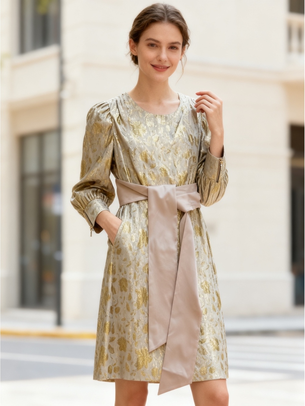 Andrew Marc Gold Metallic Floral Jacquard Dress with Satin Belt Size 6